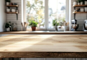 Fototapeta premium Empty wooden countertop against blurred background of kitchen with window, shelves, and appliances.