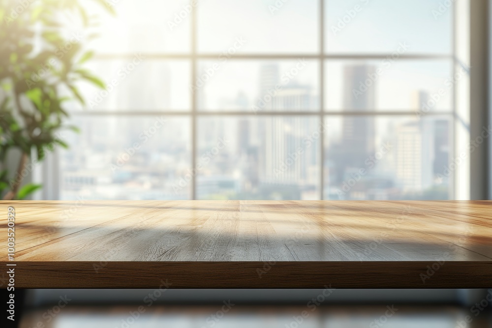 Poster empty wooden tabletop against a blurred background of a city seen through a window.