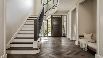Fototapeta premium elegant staircase in a modern home interior featuring a glossy floor and a clean design with minimalist aesthetics perfect for real estate or architectural themes