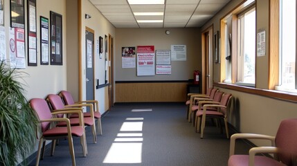 A waiting area with chairs and informational posters on the walls.