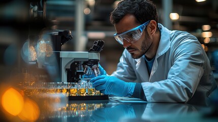 Scientist analyzing samples under a microscope in a laboratory during evening hours