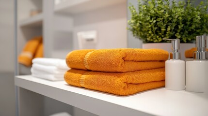 Orange towels folded and stacked on a modern white bathroom shelf, creating a striking contrast and clean look.