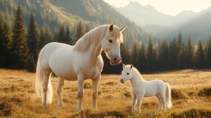 Fototapeta premium white horse and foal, white horse and foal bonding, white horse and foal peaceful, white horse with foal in autumn meadow, mother and baby horse bonding in nature, 
