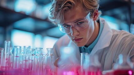 Young scientist conducting experiments in a laboratory filled with colorful liquids during the day - Powered by Adobe