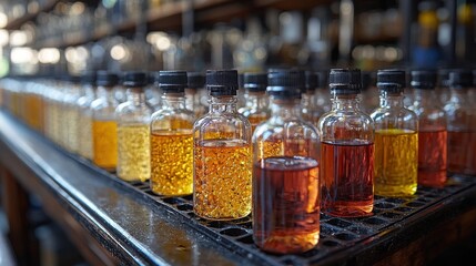 Rows of colorful liquids in glass bottles displayed on a dark wooden shelf inside a workshop during daylight