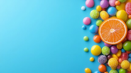 Obraz premium Colorful candies and orange slice on blue background with copy space, candy fruit banner design, candy and citrus layout, citrus candy banner, fun fruity sweets, colorful snack layout