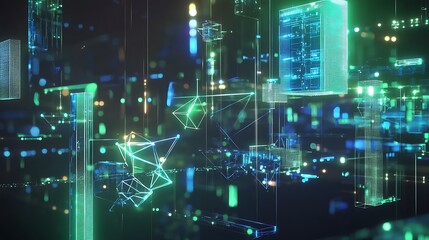 Fototapeta premium Abstract digital network with glowing lines and geometric shapes in green and blue colors on a dark background.