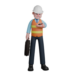 3D Design Enforcement Male Architect. An Architect stands holding a cellphone in his left hand while his right hand holds a briefcase. Professional