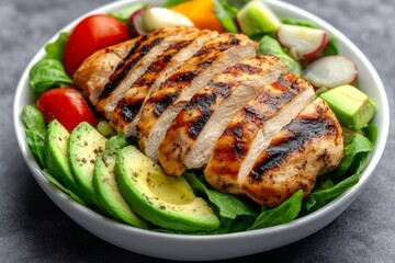 3D-rendered clean eating salad with grilled chicken and avocado, where every texture and ingredient is fully modeled and vibrant