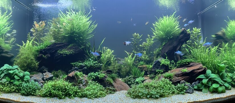 A freshwater planted aquarium with lush greenery, driftwood, and various small fish swimming amongst the plants.