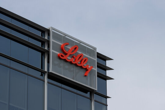 South San Francisco, CA, USA - Feb 23, 2024: Lilly logo is seen at the Eli Lilly Gateway Labs in South San Francisco, California. Eli Lilly and Company is an American pharmaceutical company.