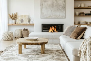 Fototapeta premium Modern living room interior with a white sectional sofa, a fireplace with burning fire, a wooden coffee table, and a fluffy rug.