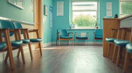 Fototapeta premium A waiting room with blue walls and chairs, designed for comfort and relaxation.
