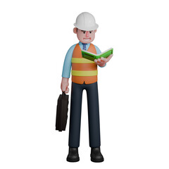 Male Architect Illustration in 3D. An Architect stands holding a green book in his left hand while his right hand holds a briefcase. Professional Design