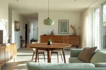 Modern living room with wooden furniture and light green sofa, featuring a round wooden table, a large window with curtains, and a wooden cabinet.