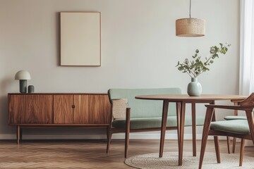 Modern dining room with a wooden cabinet, a round table, green chairs, and a wicker pendant lamp.