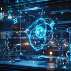 Quantum physics formulas projected in a futuristic laboratory setting, symbolizing advancements in science and technology.