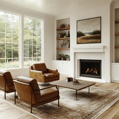 Modern living room with fireplace, two leather armchairs, a coffee table, and a rug, with a large...