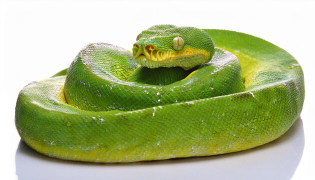 Green tree python snake on white background