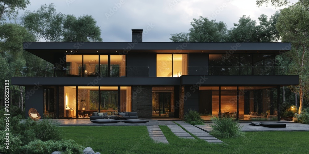Poster modern black house with large windows and a patio surrounded by trees.