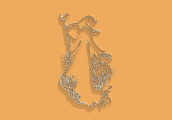 Silhouette of young cute witch girl. Long curly hair. Halloween relative character silhouette. 3D render