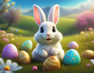 Cute Cartoon Easter Bunny in a Spring Meadow with Easter Eggs