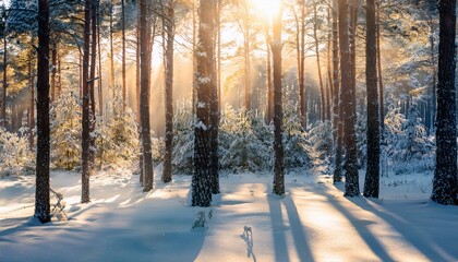 Naklejka premium A woodland forest in the winter with sunlight shining on the snow through the trees to create a beautiful landscape nature scene.