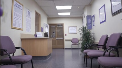 A waiting room with purple chairs and a reception desk, designed for patient comfort.