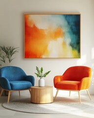 Two armchairs with blue and orange upholstery sit on a rug with a wooden coffee table between them.  A framed abstract painting hangs on the wall.