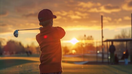 Portrait of young golfer practicing on golf course with sunset light AI generated image