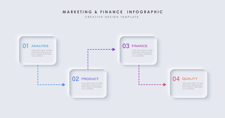 Neumorphism design infographic, 4 step timeline illustration. Minimal clean design. 