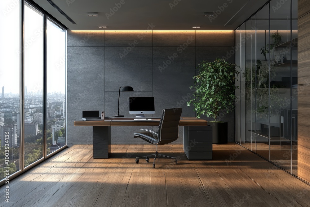 Wall mural Modern office interior with large window overlooking city.