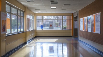 A well-lit hallway with large windows and informational posters on the walls.