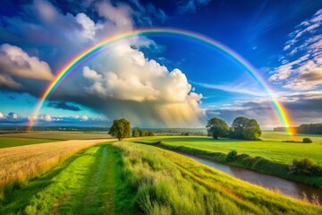 Obraz premium A colorful rainbow spans the sky above a verdant landscape, with a backdrop of clear blue skies, showcasing