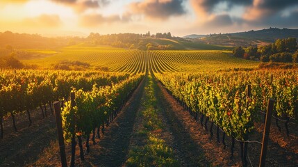 Scenic vineyard in the early morning light, with rows of grapevines stretching into the distance.