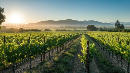 Fototapeta premium Scenic vineyard in the early morning light, with rows of grapevines stretching into the distance.