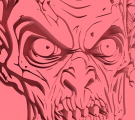 Cartoon zombie monster portrait. Spooky and scary character face. 3D render