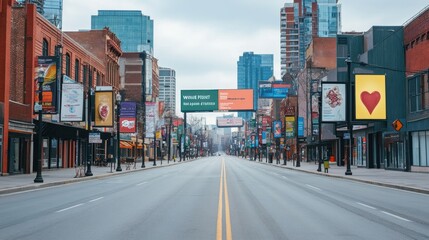 A wide, empty street lined with buildings and advertisements in an urban setting.