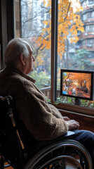 Obraz premium A senior man in a wheelchair looks out a window at a city view.
