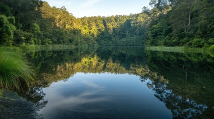 Serene lake surrounded by dense forest, reflecting the surrounding landscape in still, clear water.