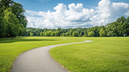Obraz premium A winding path through a lush green landscape under a blue sky with fluffy clouds.