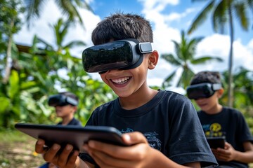 Obraz premium A futuristic rural classroom equipped with digital learning tools, where students use tablets and VR headsets to access global knowledge while living in a remote village