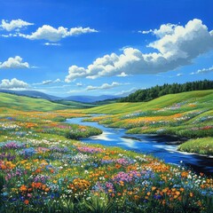 Serene meadow with colorful wildflowers and a winding river, under a bright blue sky with fluffy white clouds.