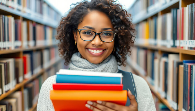 Smiling woman holding books in library, surrounded by shelves of colorful books.