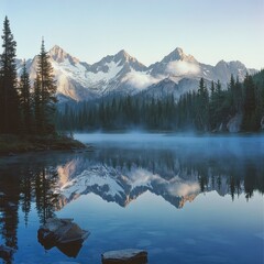 Serene mountain lake at sunrise, with mist rising from the water and snow-capped peaks reflected on the surface.
