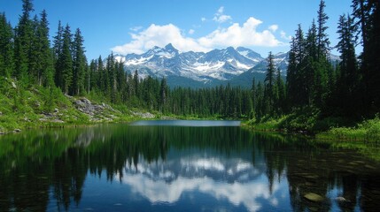 Serene mountain lake surrounded by dense pine forest, with snow-capped peaks visible in the distance.