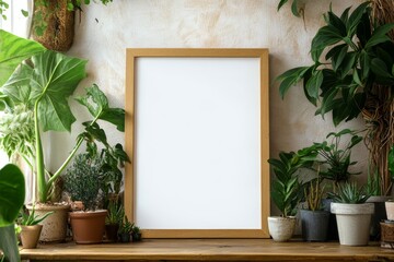 Blank frame mockup on a rustic wooden table surrounded by various potted plants.