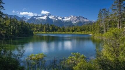 Serene mountain lake surrounded by dense pine forest, with snow-capped peaks visible in the distance.