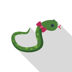 Green snake wearing a pink bow sticking out its tongue in flat design style