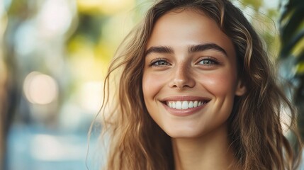 Fototapeta premium Portrait of a young happy woman looking directly at the camera, close-up, with a natural smile